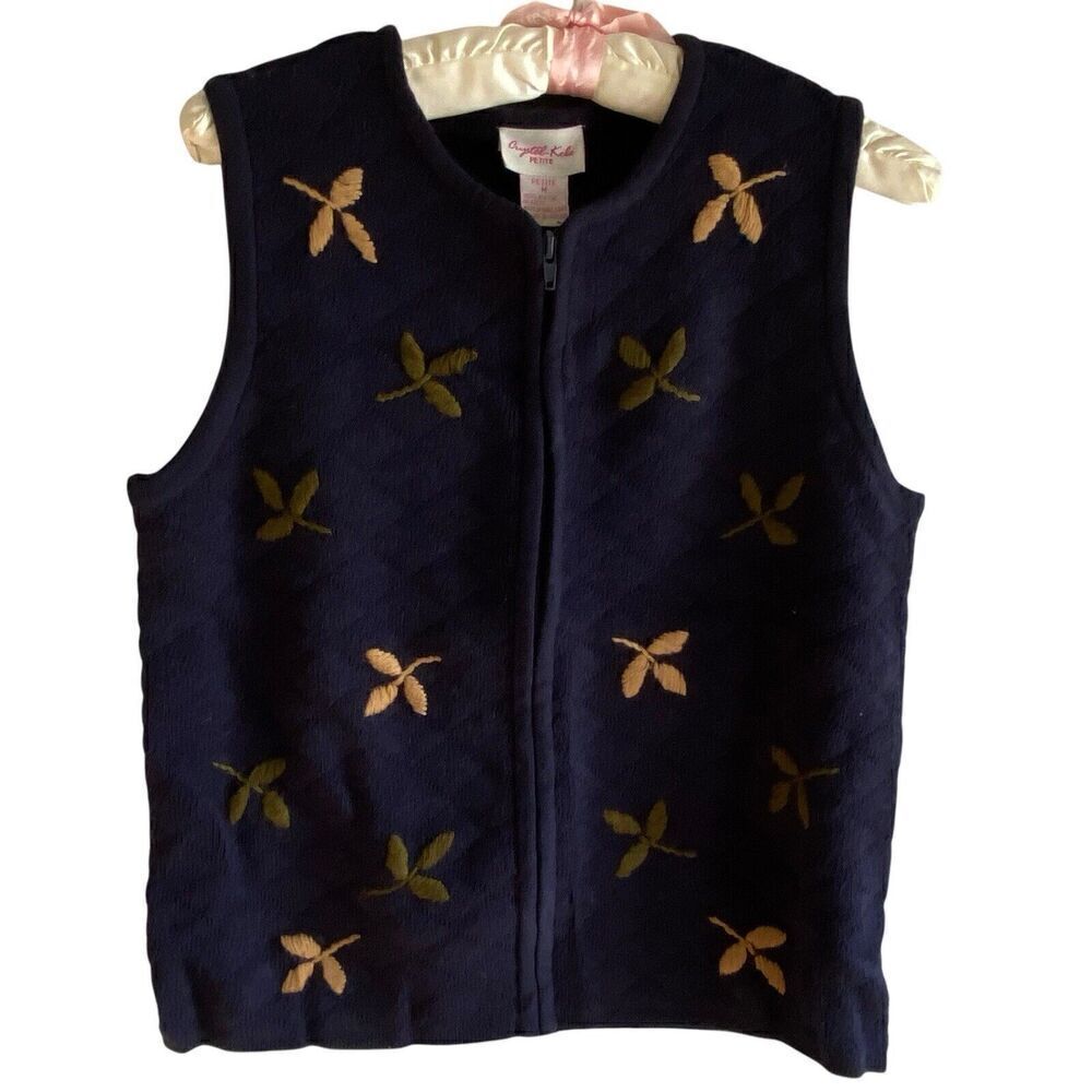 Crystal Kobe Sweater Vest Womens Petite M Leaf Embroiery Blue Grandmacore NWT